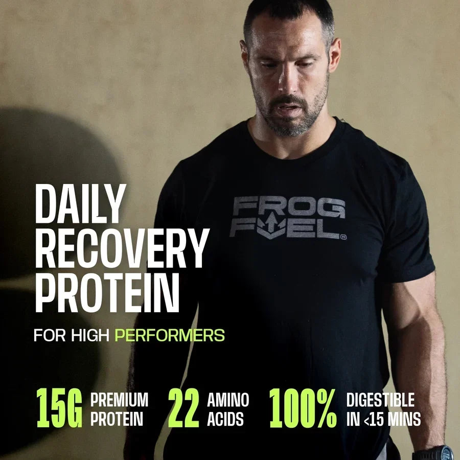 A man in a black shirt with the "Frog Fuel" logo looks down thoughtfully, promoting a protein product that offers 15g of protein, 22 amino acids, and is digestible in under 15 minutes.