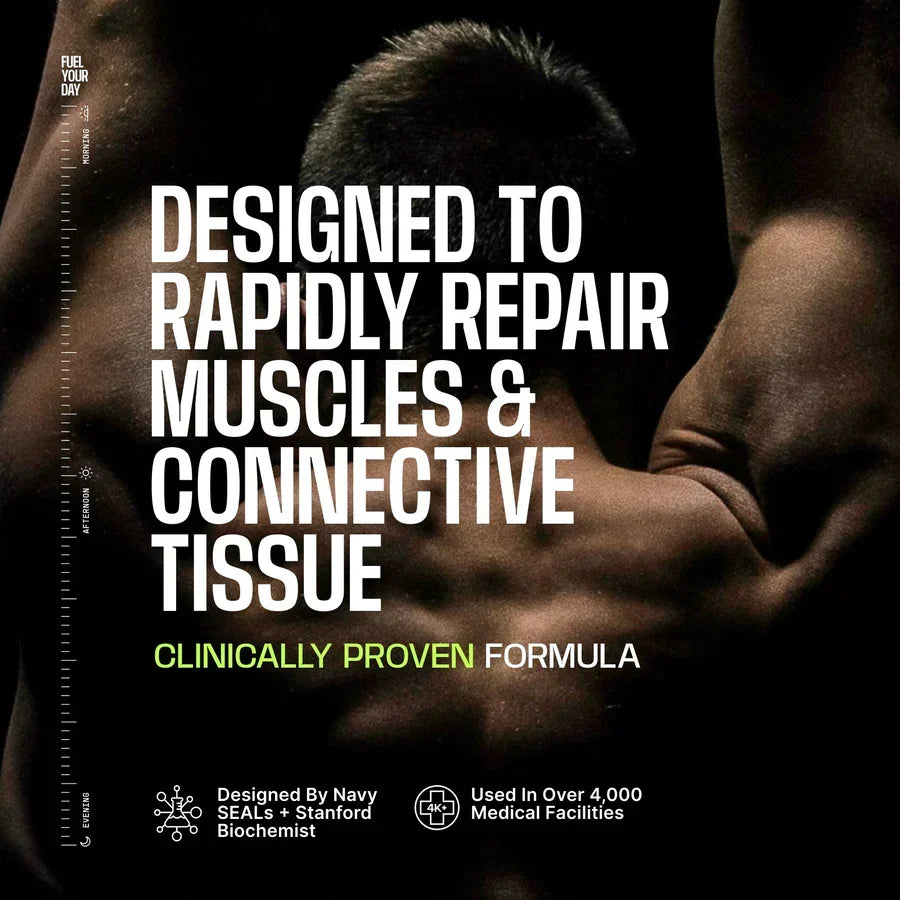 A muscular person is shown from the back, highlighting their shoulders and arms, with bold text stating the product's purpose to rapidly repair muscles and connective tissue, emphasizing its clinical backing.
