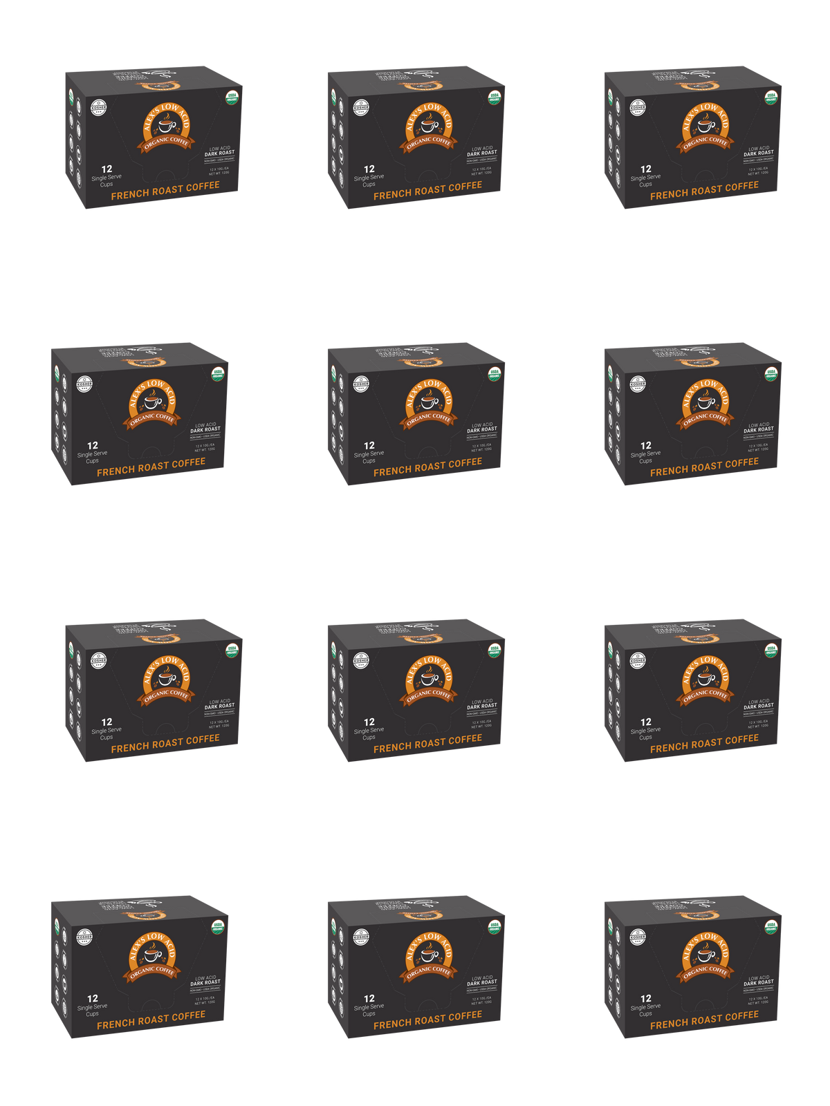 Twelve boxes of organic French roast coffee are arranged in a grid, each labeled with "12 Single Serve" and featuring a logo, all set against a black background.