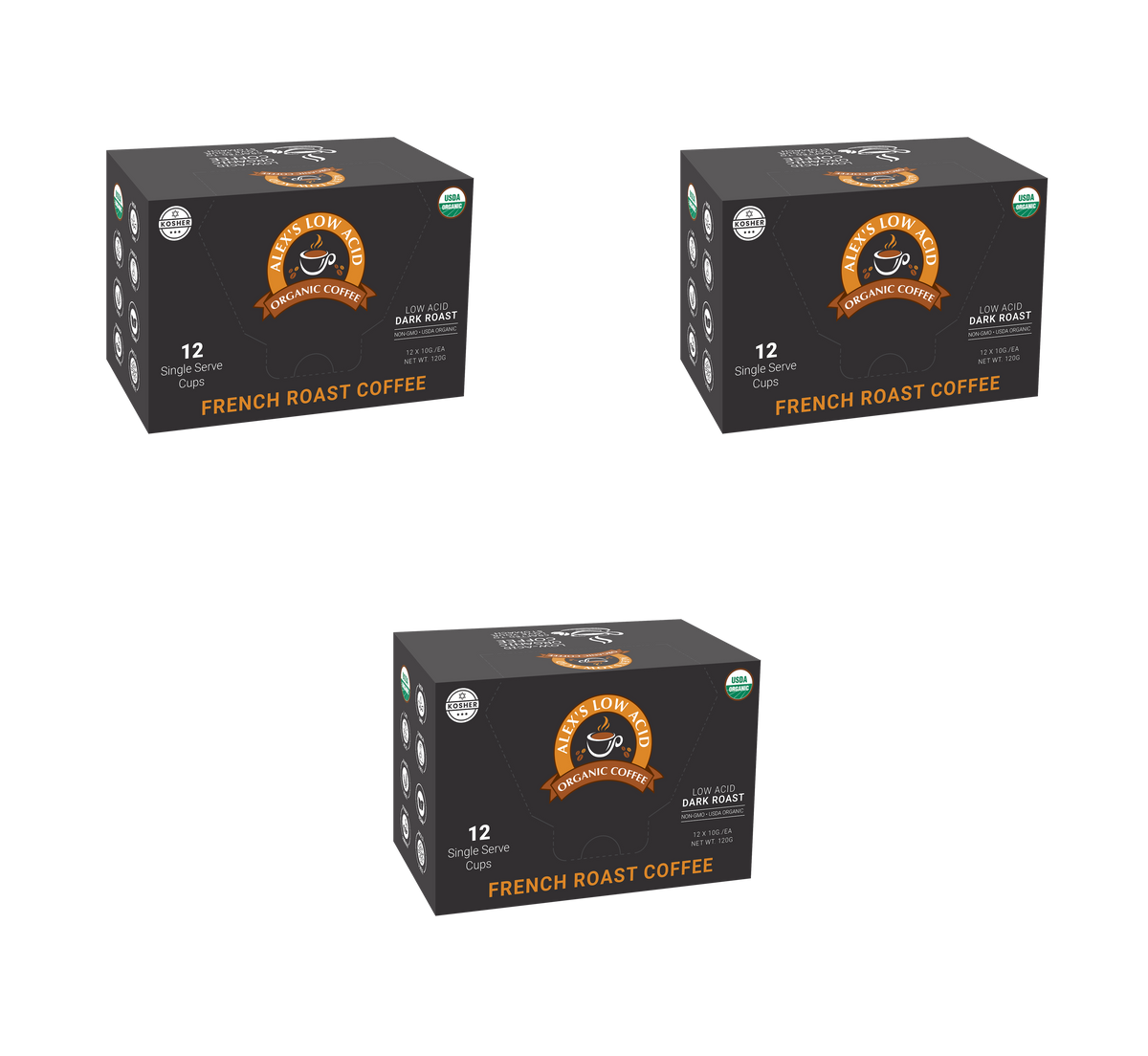 Three boxes of Alex's Low Acid Organic Coffee are displayed, each containing 12 single-serve cups of dark roast French coffee, featuring a black design with orange text and USDA organic certification.