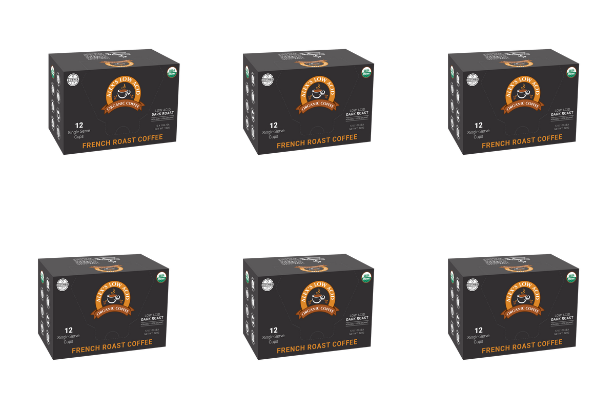 Six boxes of Alex's Low Acid Organic Coffee are displayed, each containing 12 single-serve cups, featuring a dark roast label and USDA organic certification.