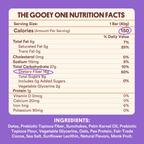 Nutrition facts for "The Gooey One" bar, highlighting a serving size of 40 grams, with 150 calories, 14 grams of dietary fiber, and a list of ingredients including dates and prebiotic tapioca fiber.