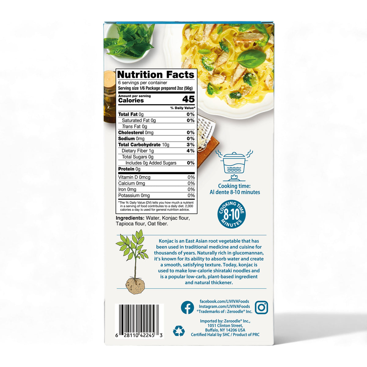 A nutrition facts label on a box of konjac noodles, featuring details about serving size, calories, ingredients, and cooking instructions, alongside an illustration of the konjac plant.