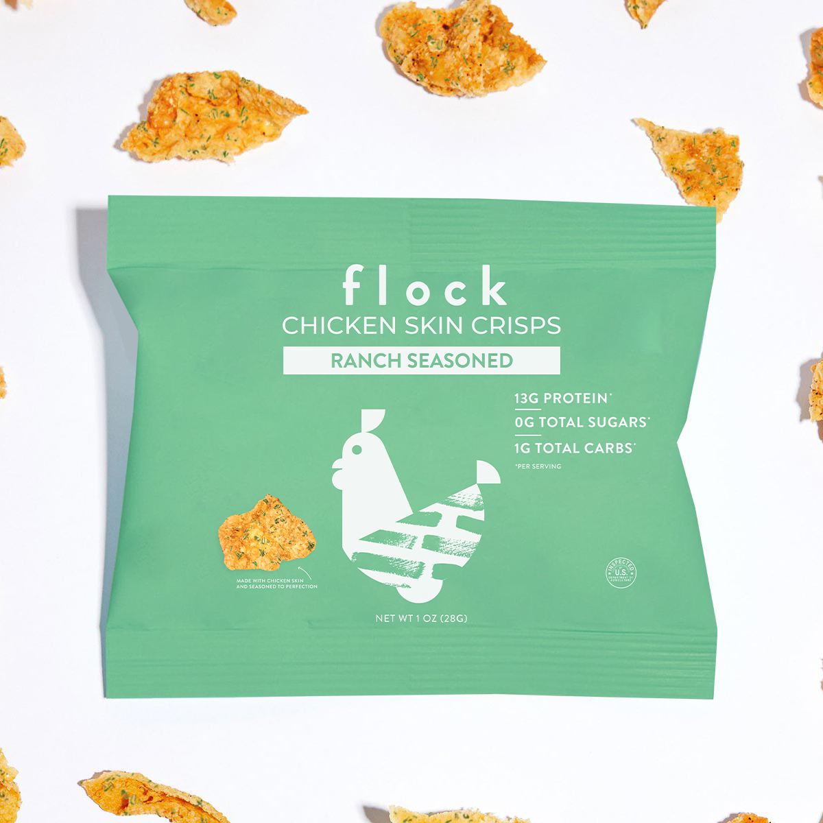 Flock Chicken Skin Crisps, Ranch / One Bag.