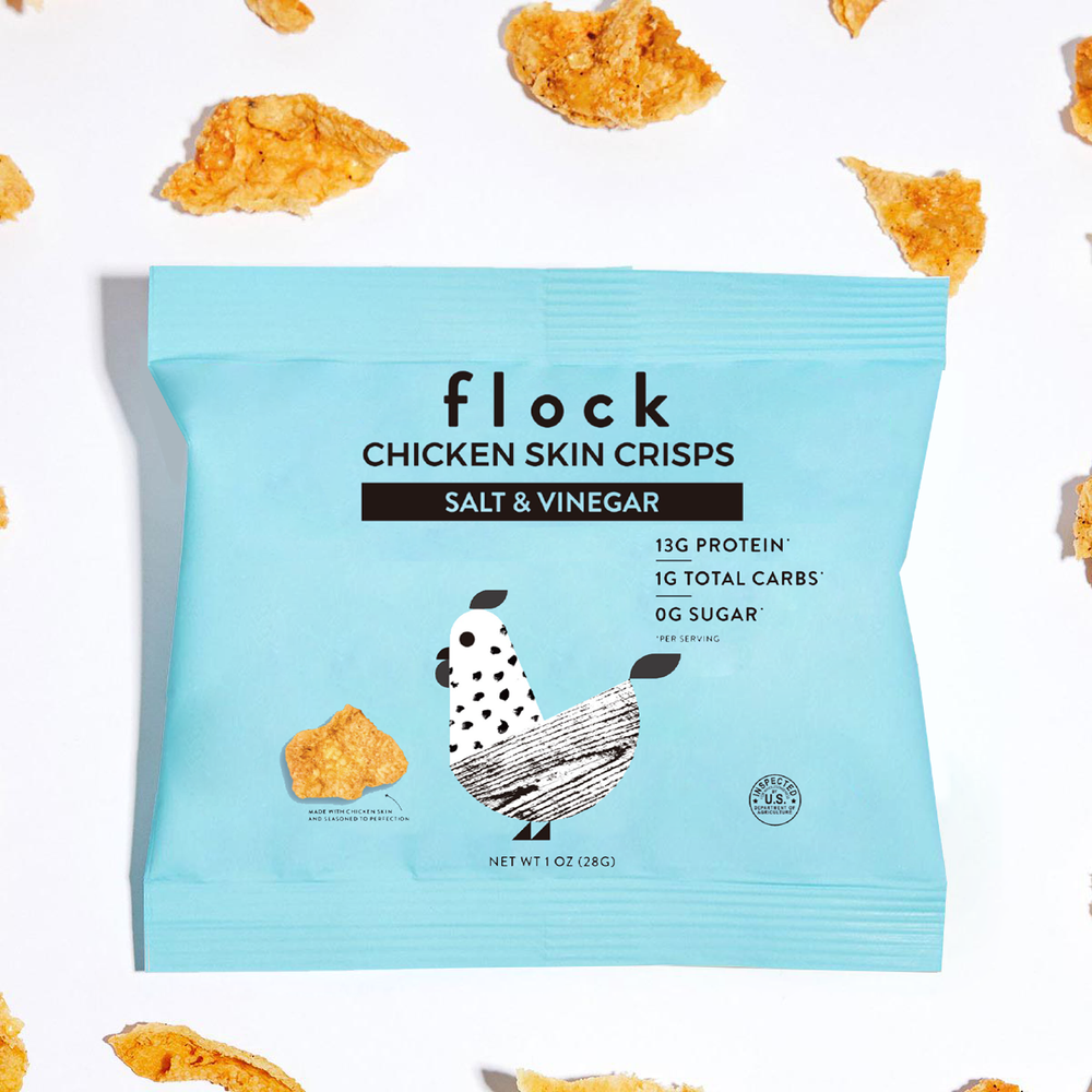 Flock Chicken Skin Crisps, Salt & Vinegar / One Bag.