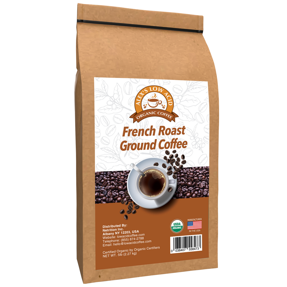 Alex's Low Acid Organic Coffee™ - French Roast Fresh Ground (5lbs)