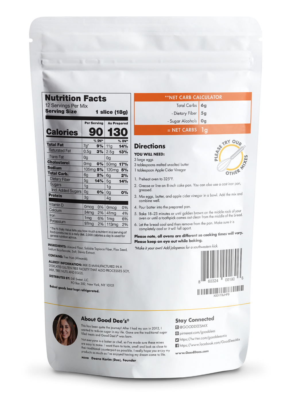 Back of Good Dee's Low Carb Corn (free) Bread Mix 7.5 oz packaging