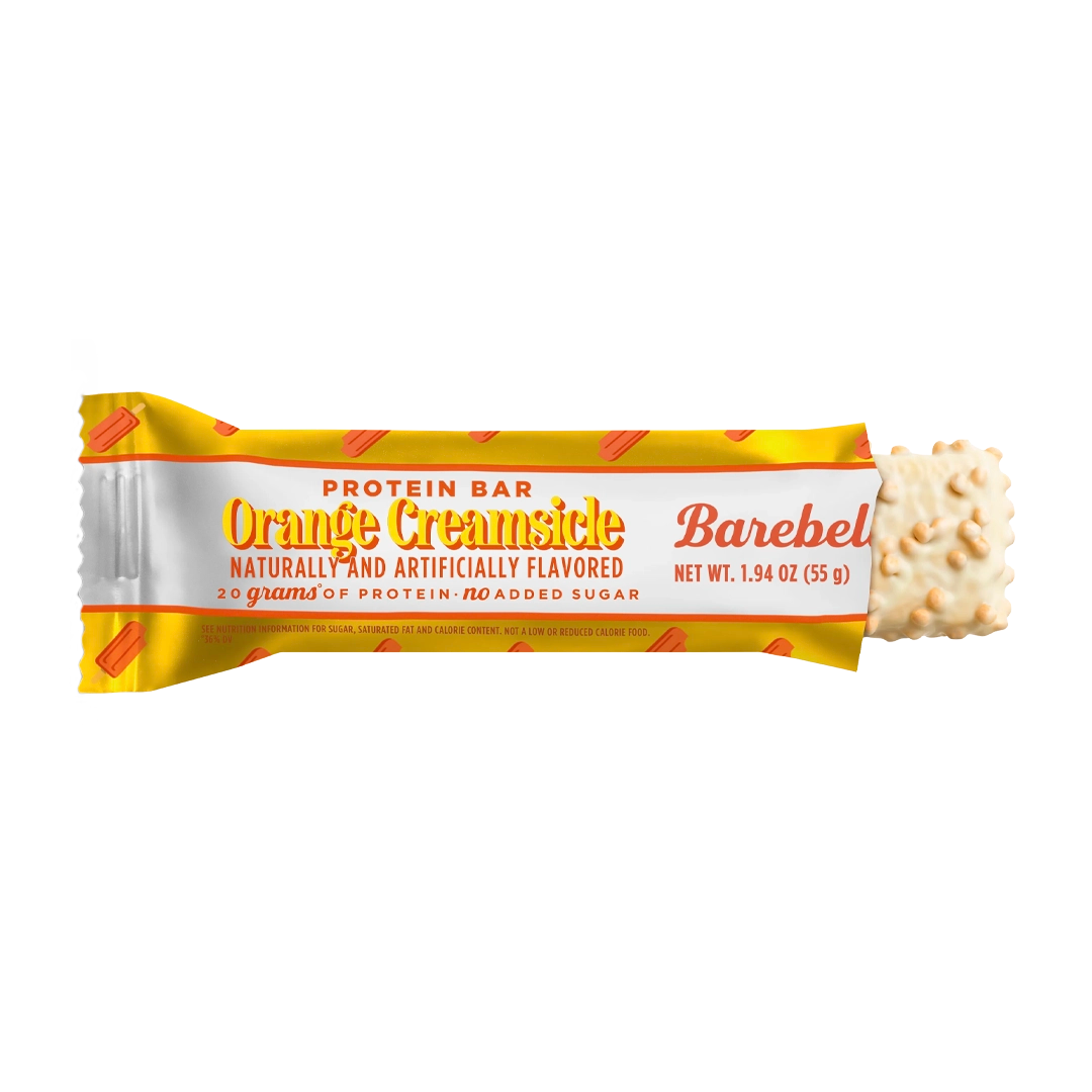 Front package of Barebells Protein Bars, Orange Creamsicle / One Bar