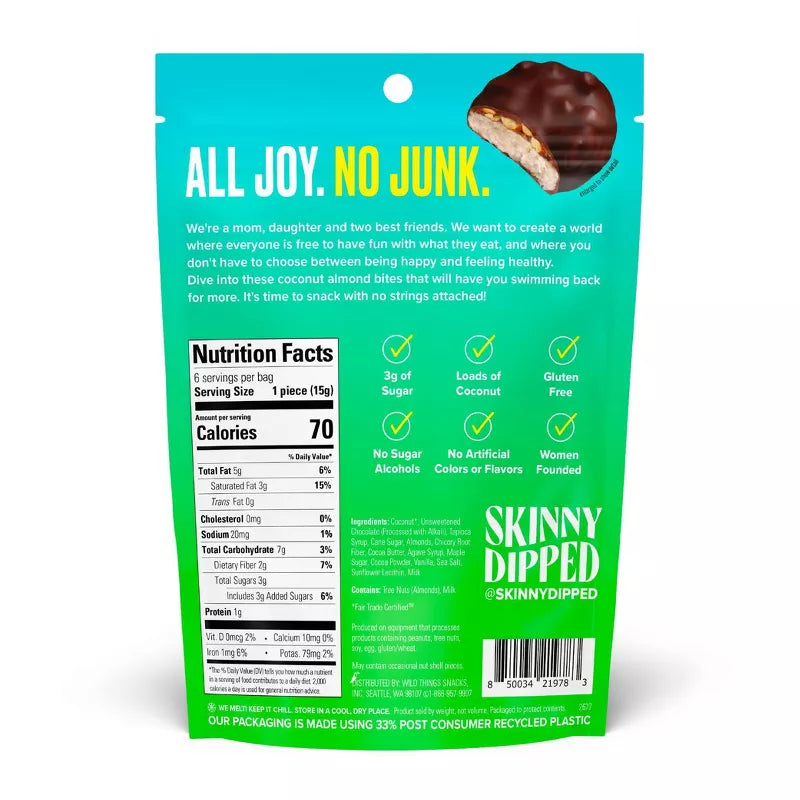 A teal bag of Skinny Dipped coconut almond bites features a playful slogan, nutrition facts, and highlights like gluten-free and no artificial colors, promoting a fun and healthy snack option.