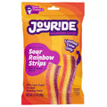 A colorful package of Joyride Sour Rainbow Strips candy features vibrant, chewy strips in shades of purple, yellow, and orange, labeled as "Limited Time Only" and highlighting its low sugar content.