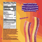Colorful rainbow candy strips are displayed against a vibrant background, with a nutrition facts label beside them highlighting their sweet and sour flavor profile and ingredients.