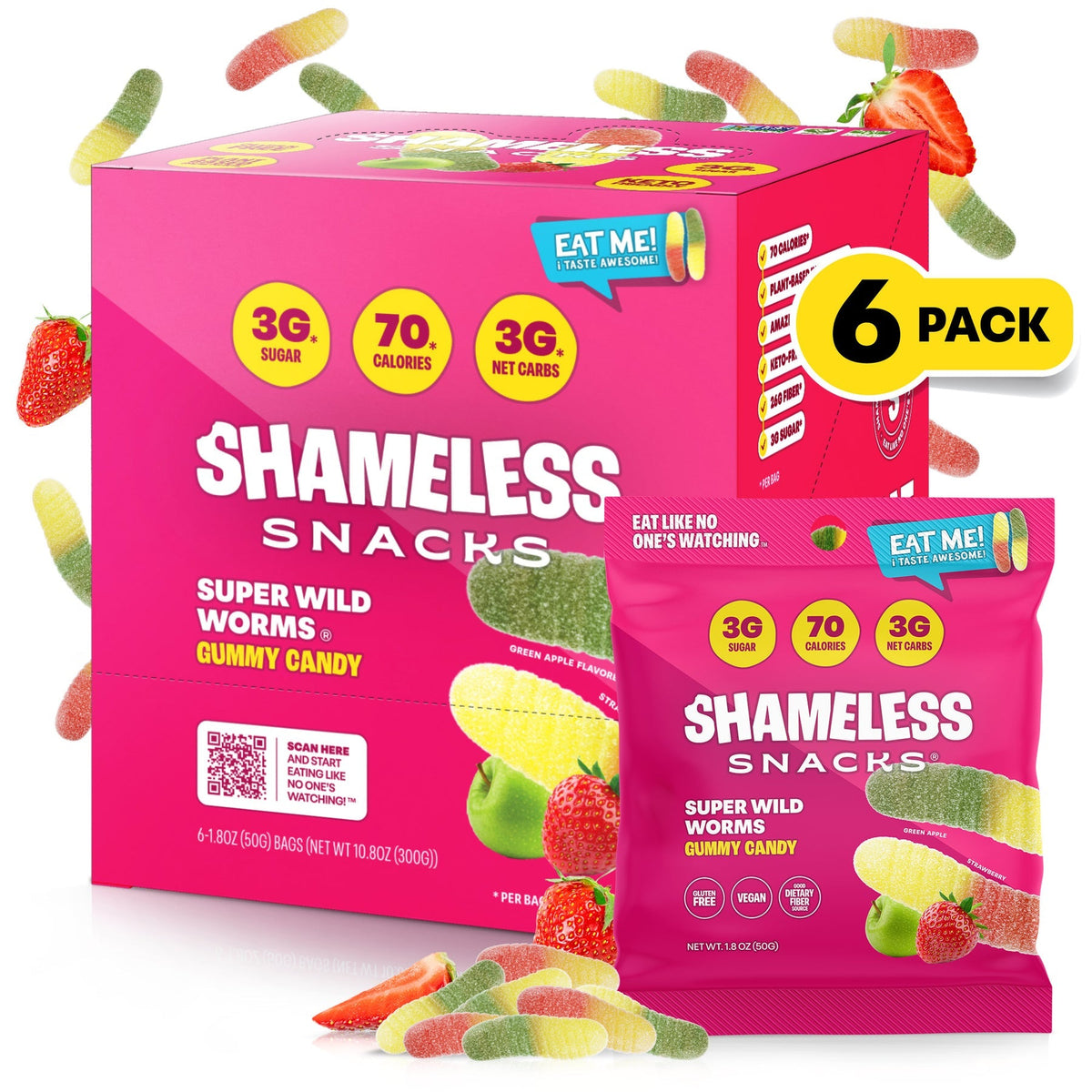 Shameless Snacks Gummy Candy - Super Wild Worms - 6-Pack