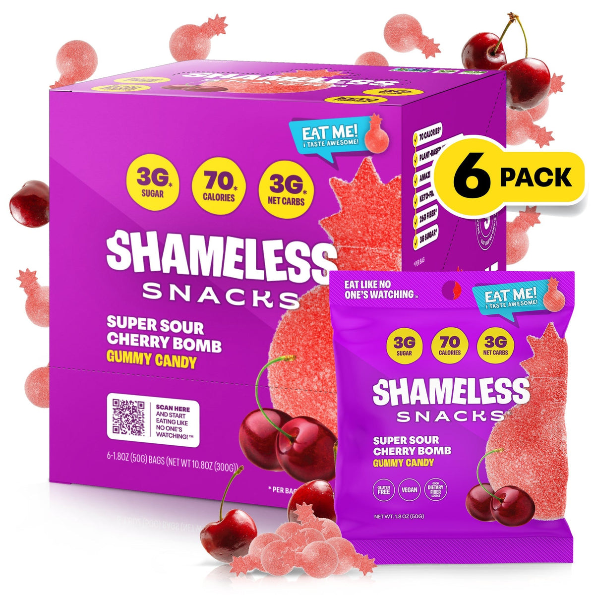Shameless Snacks Gummy Candy - Super Sour Cherry Bomb - 6-Pack