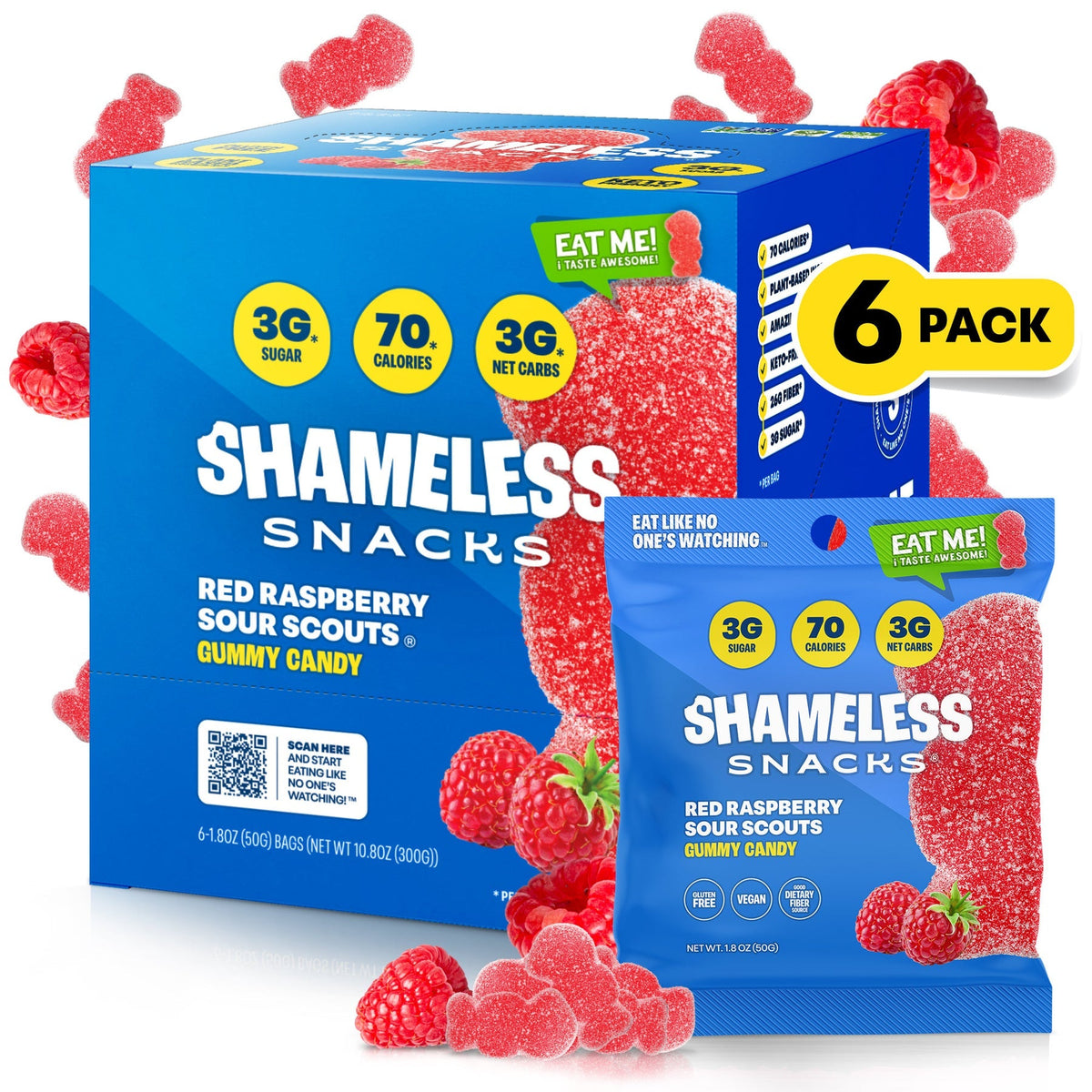 Shameless Snacks Gummy Candy - Red Raspberry Sour Scouts - 6-Pack