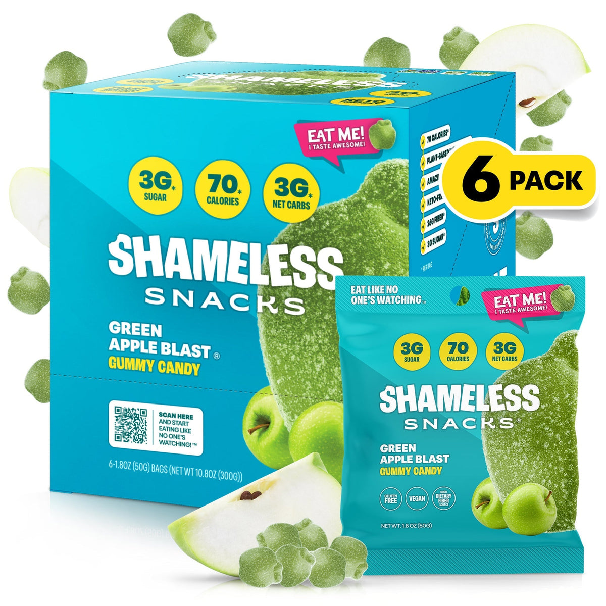 Shameless Snacks Gummy Candy - Green Apple Blast - 6-Pack