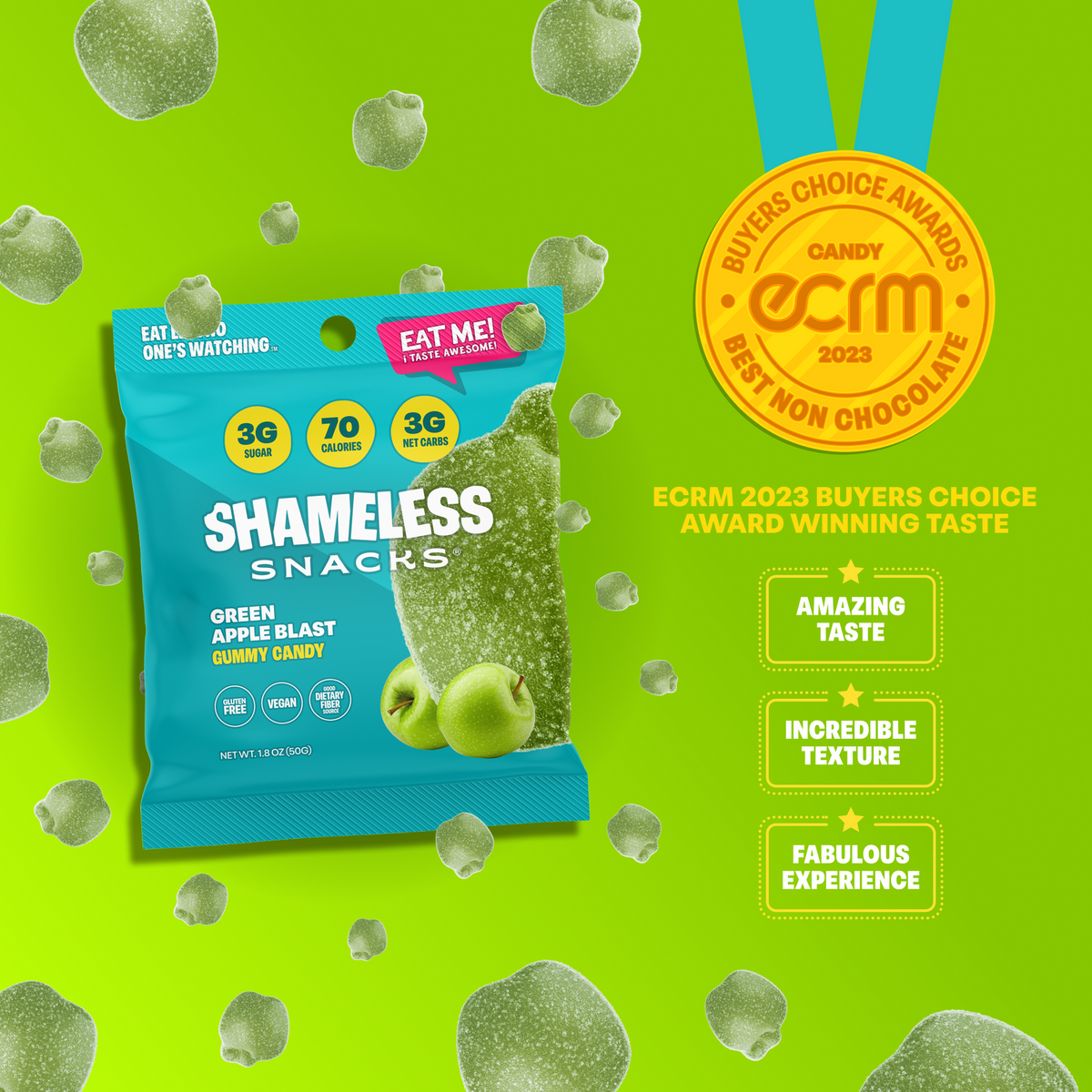 Shameless Snacks Gummy Candy - Green Apple Blast - One Bag
