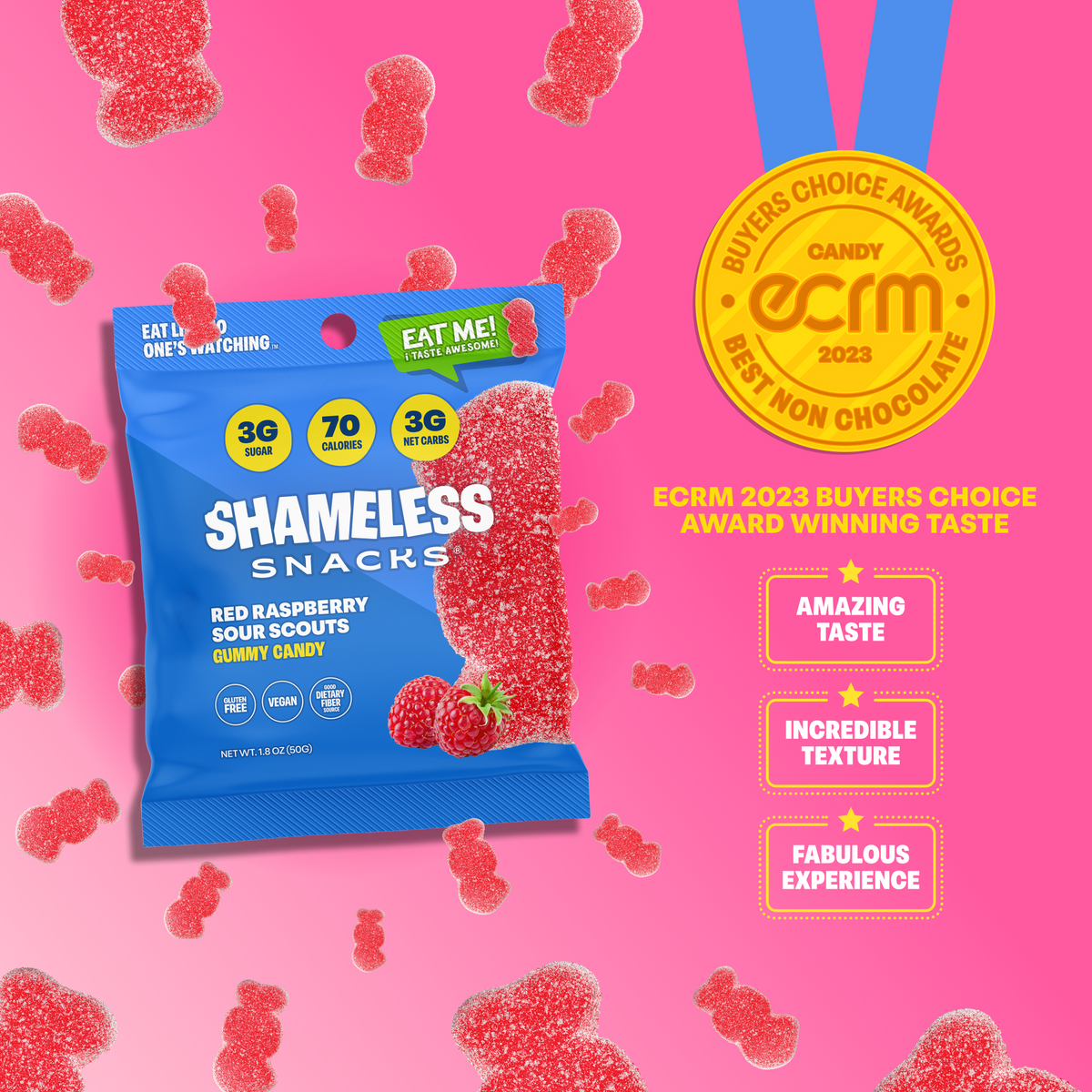 Shameless Snacks Gummy Candy - Red Raspberry Sour Scouts - One Bag