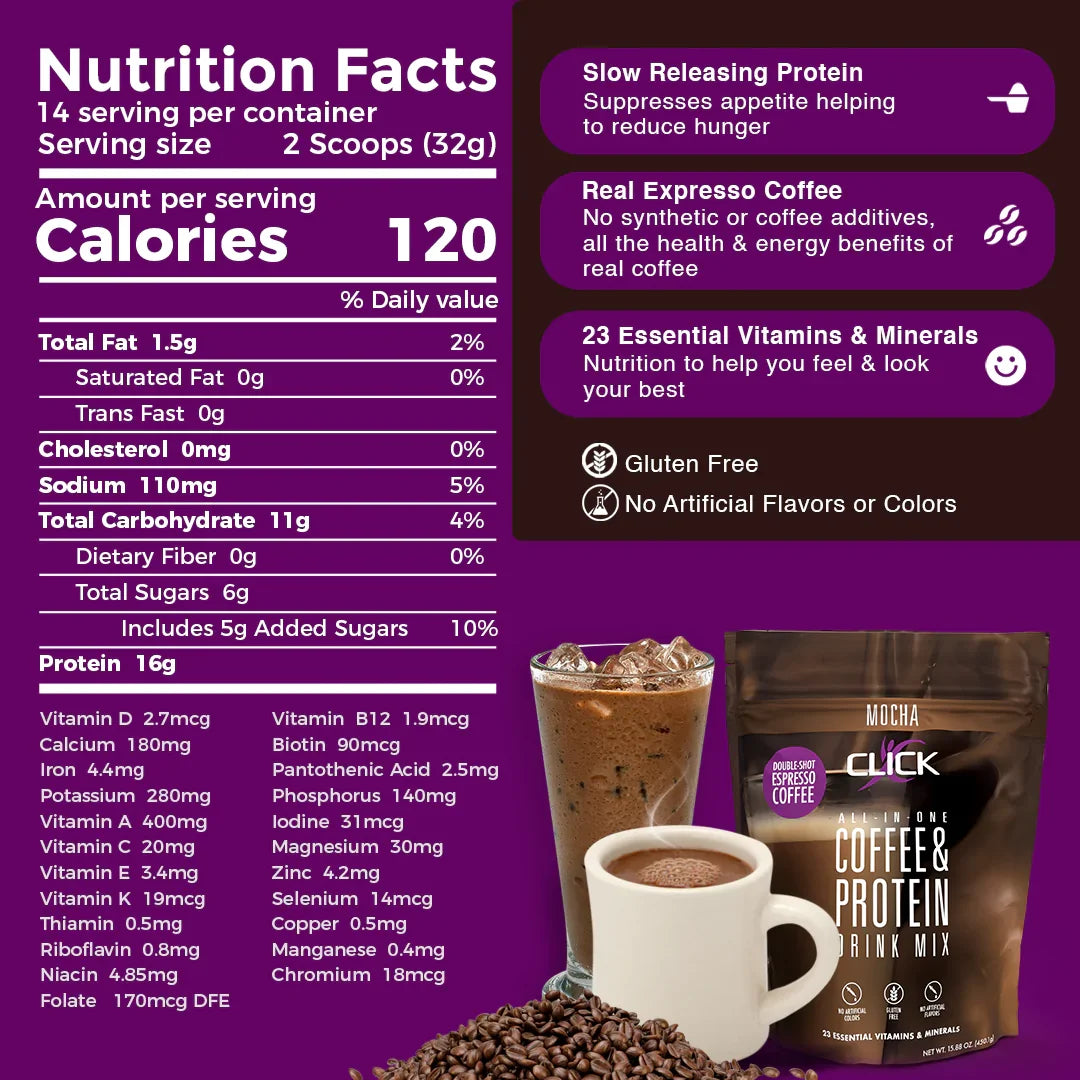 Click Coffee & Protein Drink Mix - Mocha, 15.8 oz. (448g)