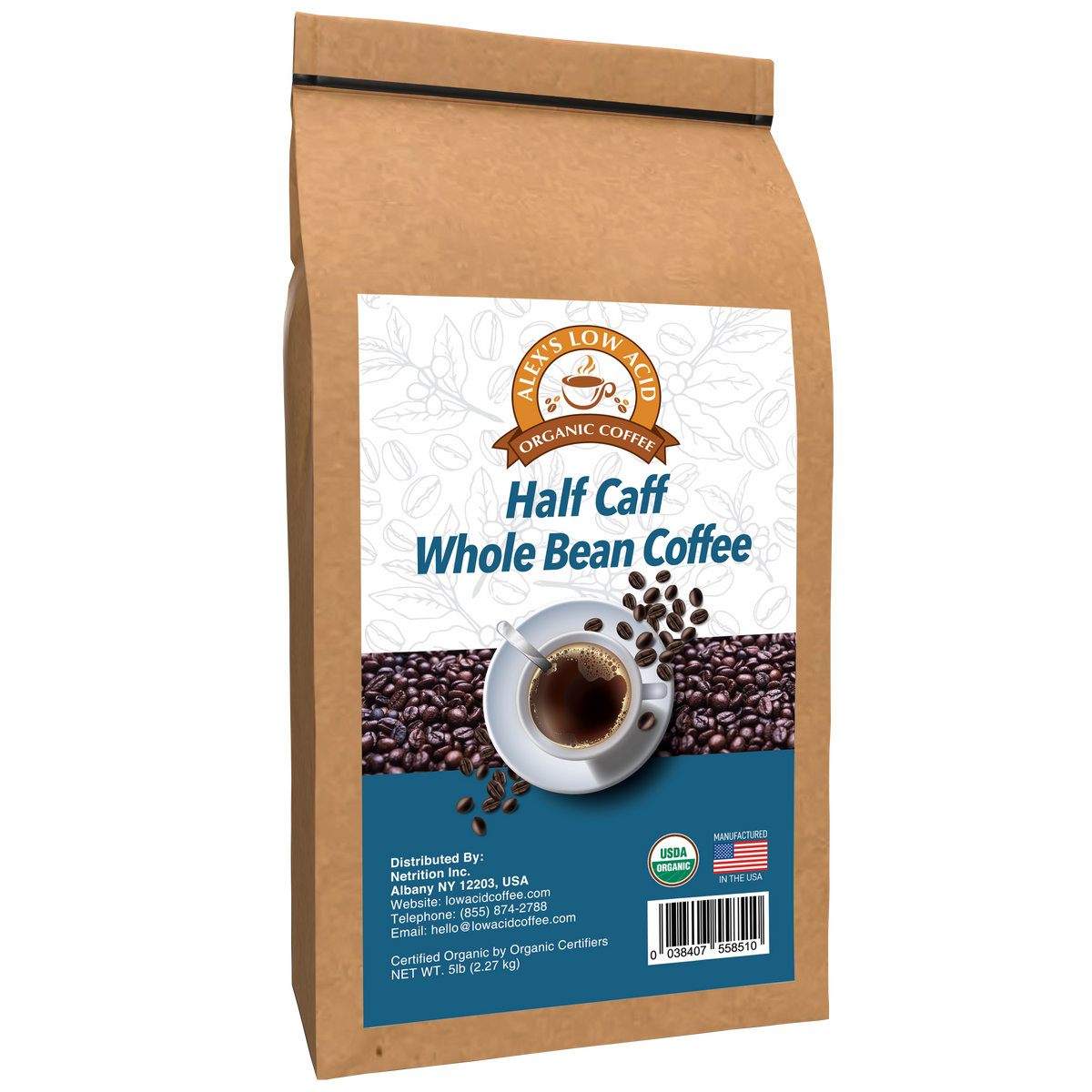 Alex's Low Acid Organic Coffee™ - Half Caff Whole Bean (5lbs)