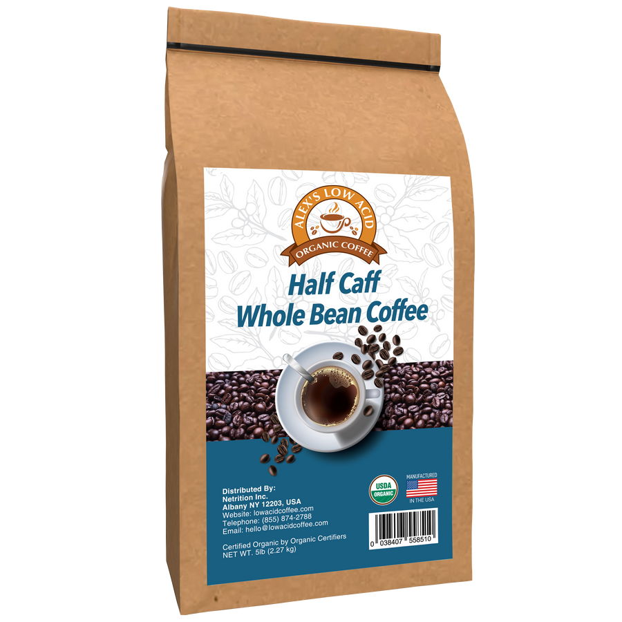 Alex's Low Acid Organic Coffee™ - Half Caff Whole Bean (5lbs) 
