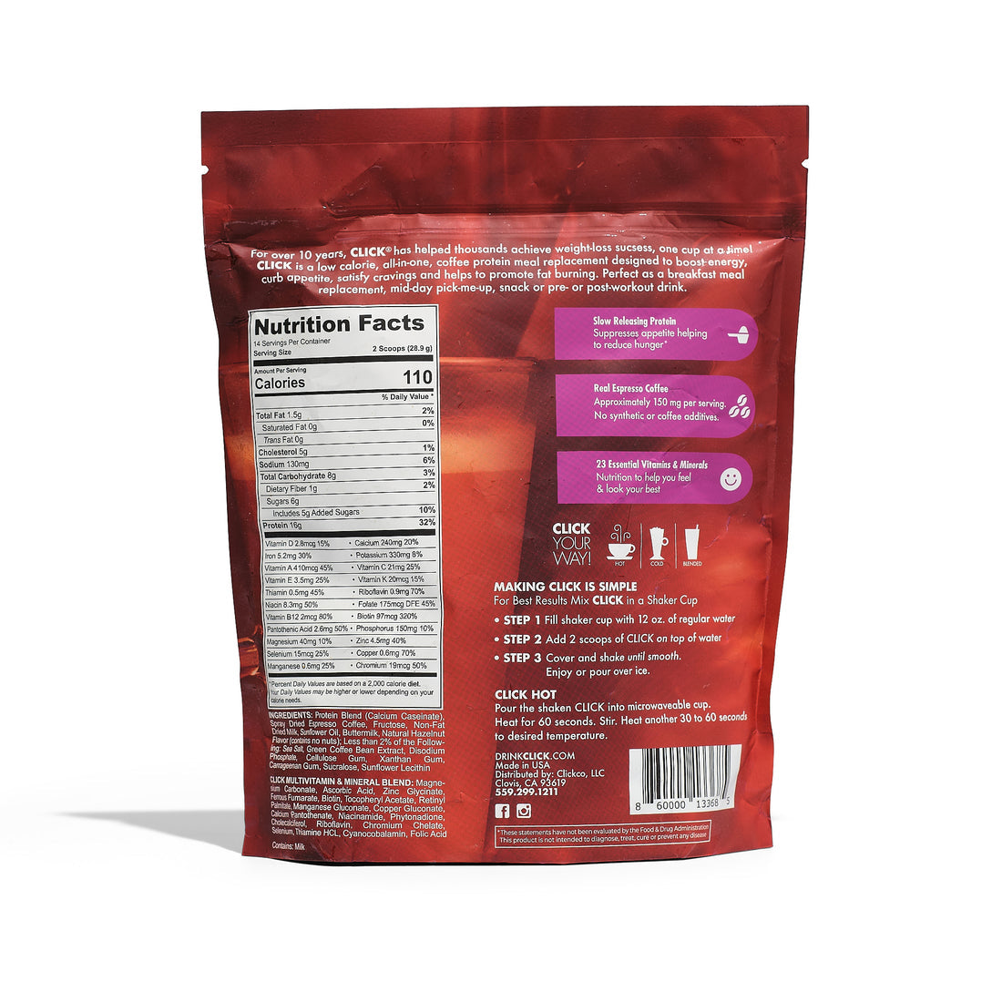 Click Coffee & Protein Drink Mix - Hazelnut, 14.3 oz. (405g)