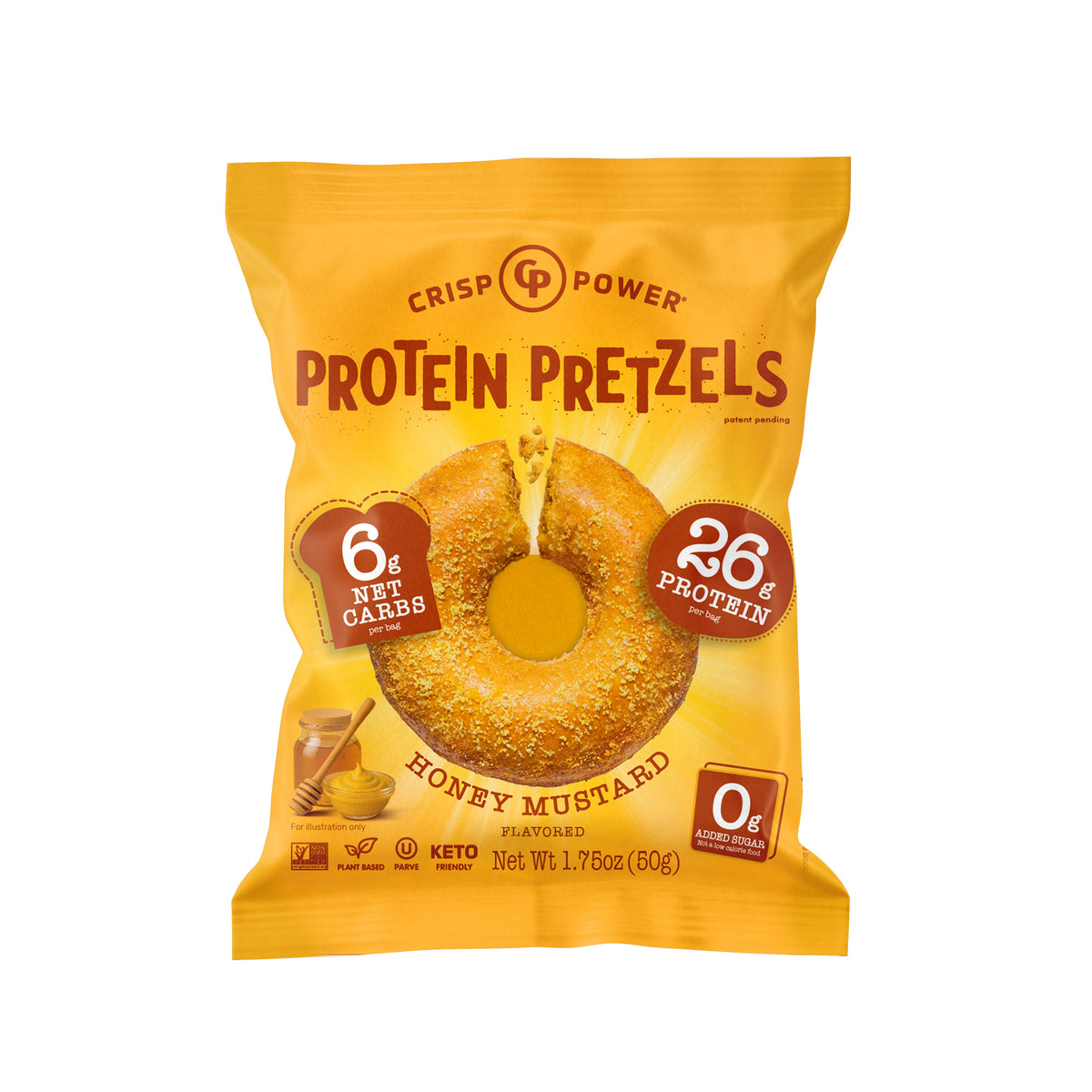 Front package of Protein Pretzels by Crisp Power, Honey Mustard / One Bag