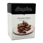 A box of Inspire Chocolate Wafers displays a stack of chocolate wafers on a decorative plate, highlighting the product's name and flavor details on the packaging.