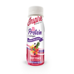 A bottle of Inspire Protein Shots labeled "Fruit Punch" features 30g of protein and collagen, with colorful fruit graphics and a white background, emphasizing its natural flavor.