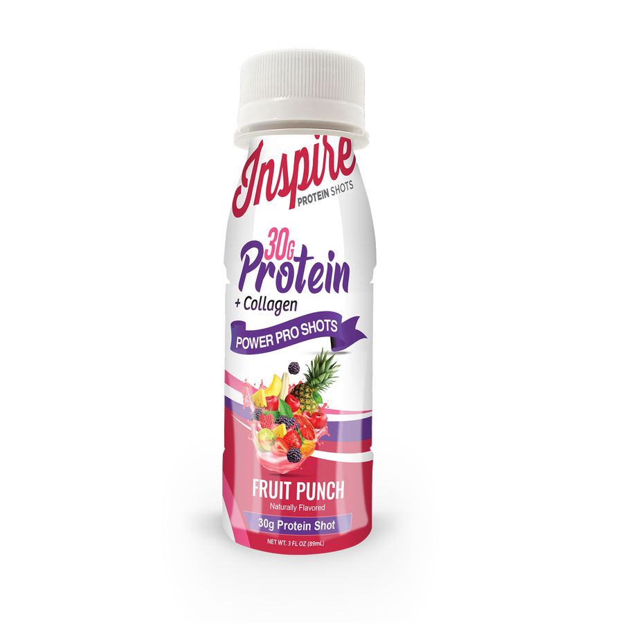 A bottle of Inspire Protein Shots labeled "Fruit Punch" features 30g of protein and collagen, with colorful fruit graphics and a white background, emphasizing its natural flavor.