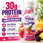 Inspire Fruit Punch + Collagen Power Shot with 30 grams of protein in a 3-fluid-ounce bottle.