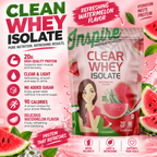 Inspire Watermelon Clear Whey Isolate Protein Powder with 20 grams of protein, 90 calories and no added sugar per serving.