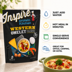 A package of Inspire Protein Kitchen Western Omelet Pronto sits on a counter next to a bowl of prepared omelet, highlighting its convenience, protein content, and suitability for various settings.