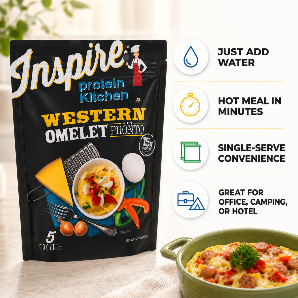 A package of Inspire Protein Kitchen Western Omelet Pronto sits on a counter next to a bowl of prepared omelet, highlighting its convenience, protein content, and suitability for various settings.