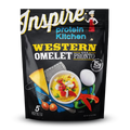 A colorful package of Inspire Protein Kitchen's Western Omelet featuring a cooked omelet topped with vegetables, alongside a cheese wedge, eggs, and utensils, highlighting 15g of protein per serving.