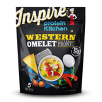 A colorful package of Inspire Protein Kitchen's Western Omelet featuring a cooked omelet topped with vegetables, alongside a cheese wedge, eggs, and utensils, highlighting 15g of protein per serving.
