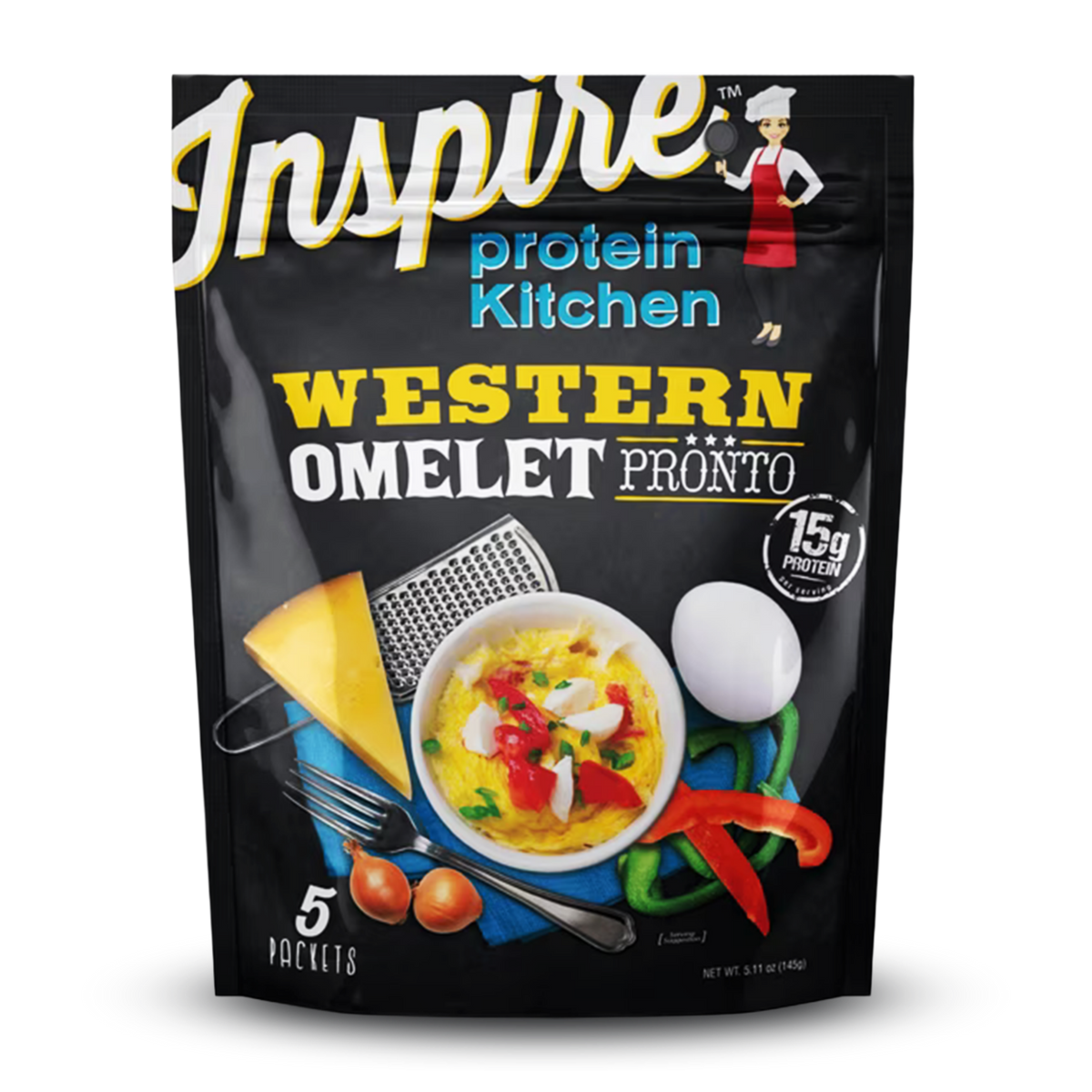 A colorful package of Inspire Protein Kitchen's Western Omelet featuring a cooked omelet topped with vegetables, alongside a cheese wedge, eggs, and utensils, highlighting 15g of protein per serving.