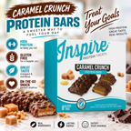 Inspire Protein Treats Caramel Crunch Protein Bars with 14 grams of protein per gluten-free bar. Contains seven chocolate-covered bars.