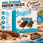 Inspire Protein Treats Caramel Crunch Protein Bars with 14 grams of protein per gluten-free bar. Contains seven chocolate-covered bars.