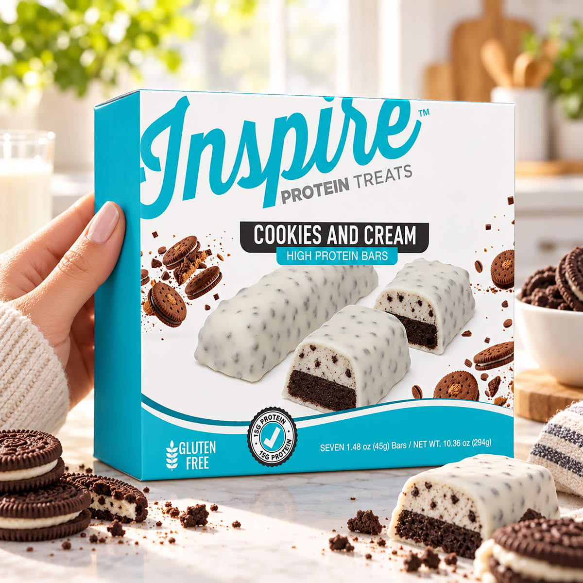 Inspire Protein Treats Cookies & Cream Protein Bars with 15 grams of protein per gluten-free bar. Contains seven chocolate-covered bars.