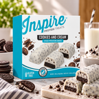Inspire Protein Treats Cookies & Cream Protein Bars with 15 grams of protein per gluten-free bar. Contains seven chocolate-covered bars.