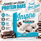 Inspire Protein Treats Cookies & Cream Protein Bars with 15 grams of protein per gluten-free bar. Contains seven chocolate-covered bars.