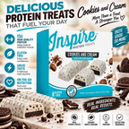 Inspire Protein Treats Cookies & Cream Protein Bars with 15 grams of protein per gluten-free bar. Contains seven chocolate-covered bars.