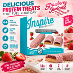 Inspire Protein Treats Strawberry Shortcake Protein Bars with 14 grams of protein per gluten-free bar. Contains seven chocolate-covered bars.