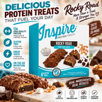 Inspire Rocky Road Protein Bars with chocolate, peanuts and marshmallow flavor. Each gluten-free bar has 13 grams of protein; seven bars per box.