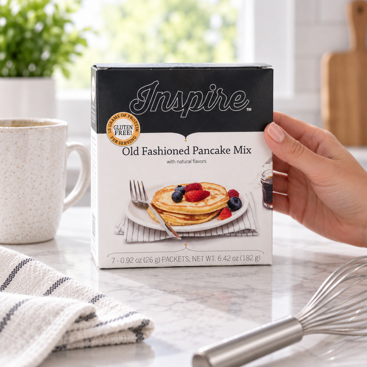 #Flavor_Original | Inspire Original Old Fashioned Pancake Mix box, front, with seven 26g packets