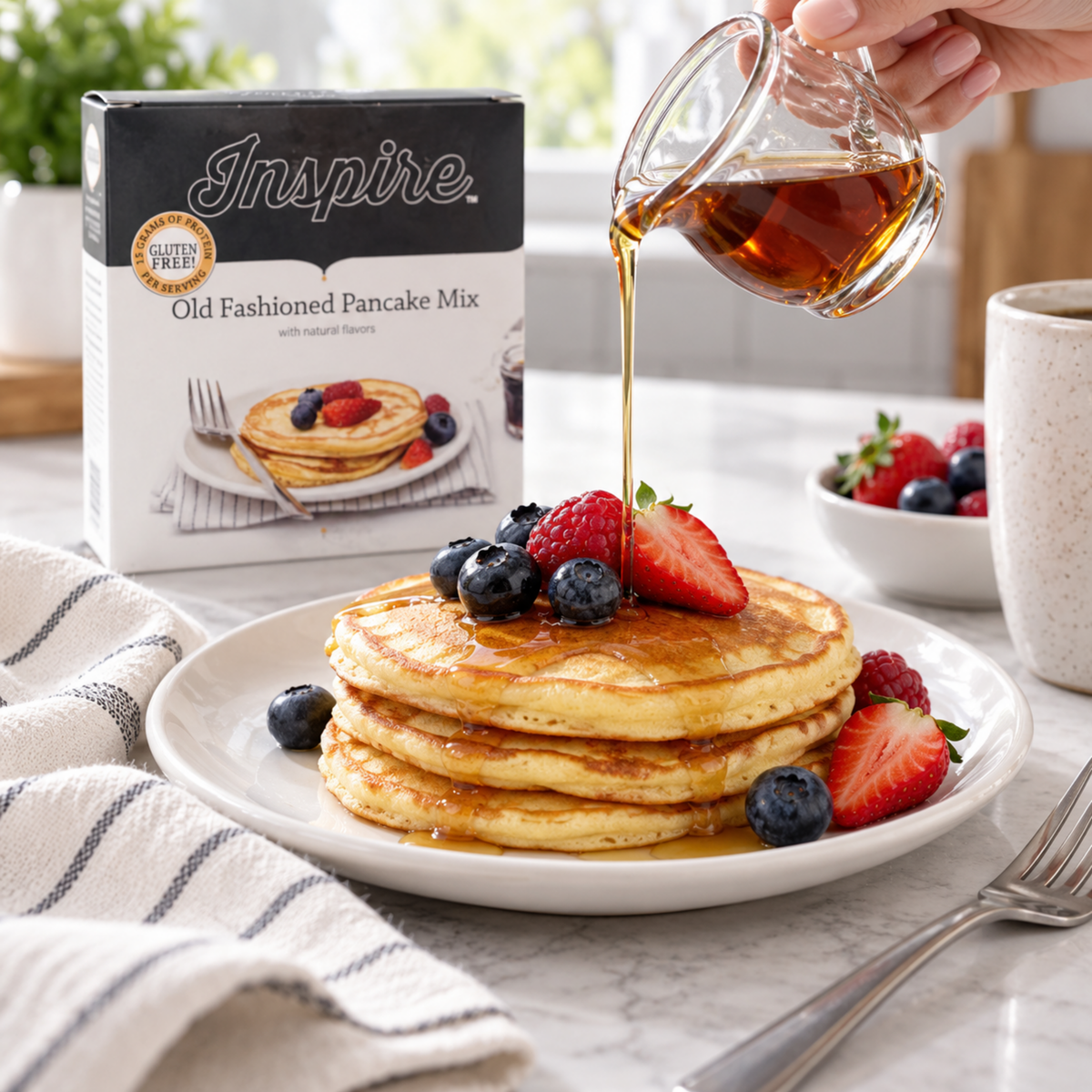 #Flavor_Original | Prepared Original pancakes with berries and syrup beside the mix box