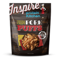 A bag of Inspire brand Original Crispy Pork Puffs displays a colorful design with a chef illustration, featuring the product name prominently and a serving of pork puffs on a plate.