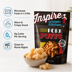 Inspire Original Crispy Pork Puffs beside a bowl of freshly baked puffs. Each serving has 60 calories, 10 grams of protein and zero carbs; 24 servings per bag.