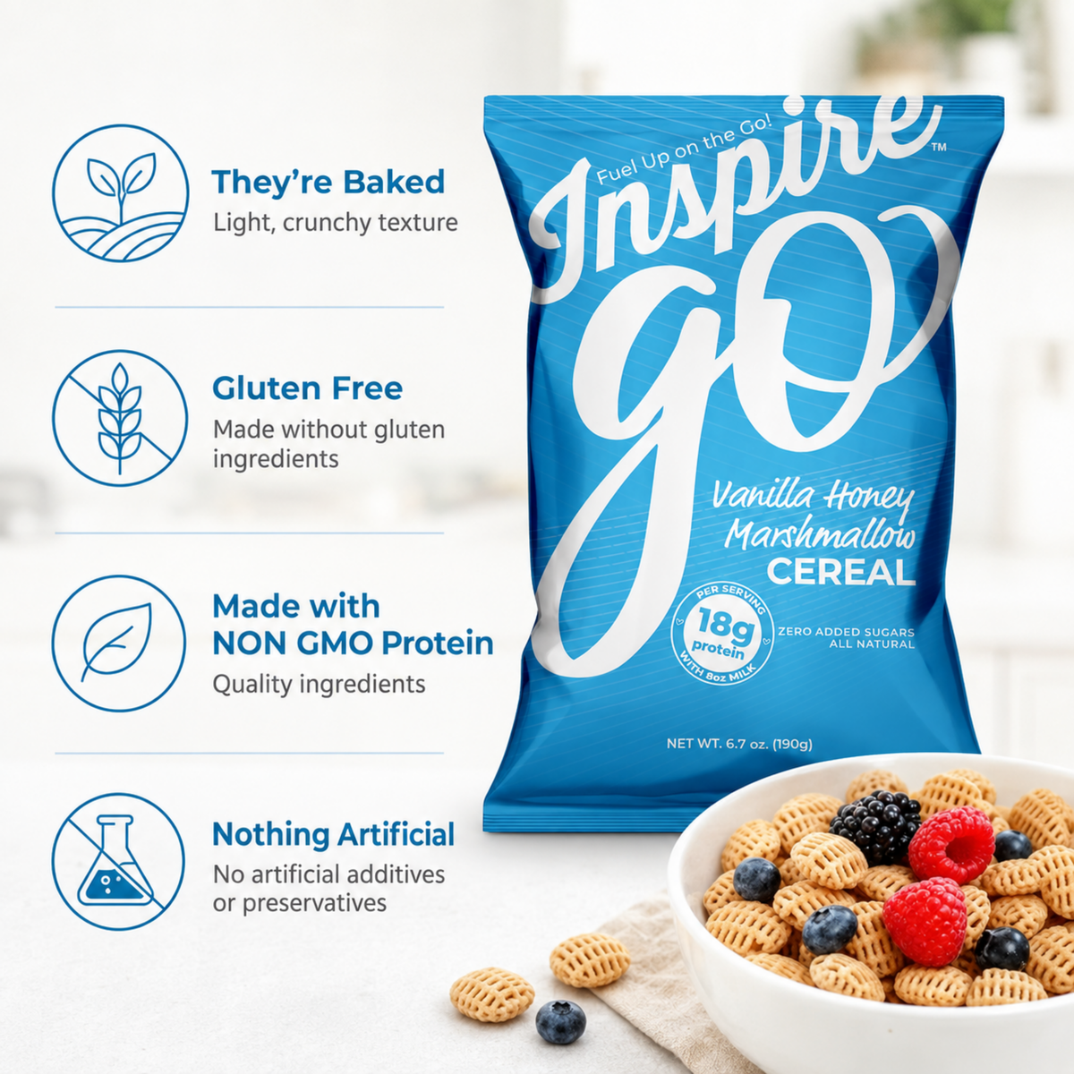 Inspire Protein Cereal Vanilla, gluten free, no artificial additives or preservatives.