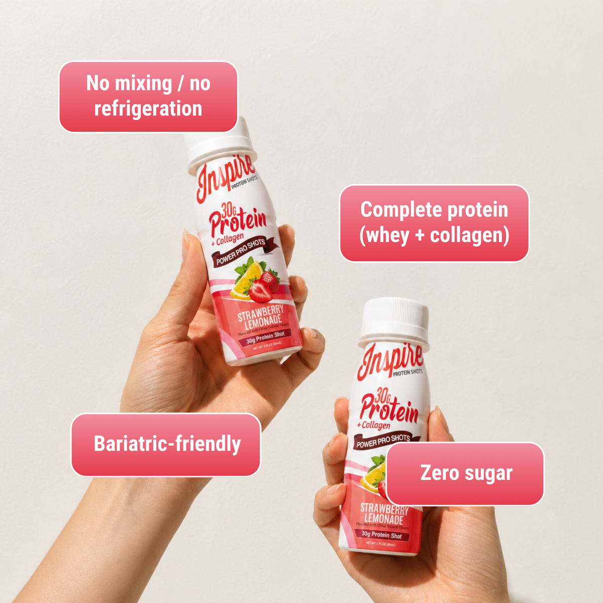 Inspire Strawberry Lemonade Power Shot with 30 grams of protein plus collagen in a 3-fluid-ounce serving.